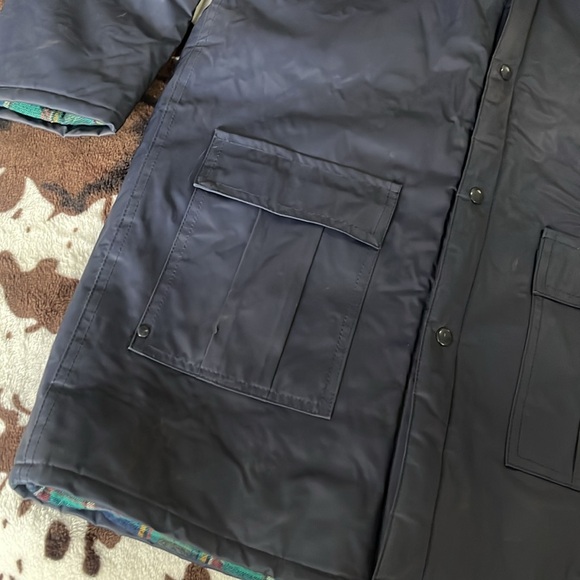 Navy rain jacket L 12 plaid flannel lining snap front retro unisex Billy the Kid - Picture 3 of 4